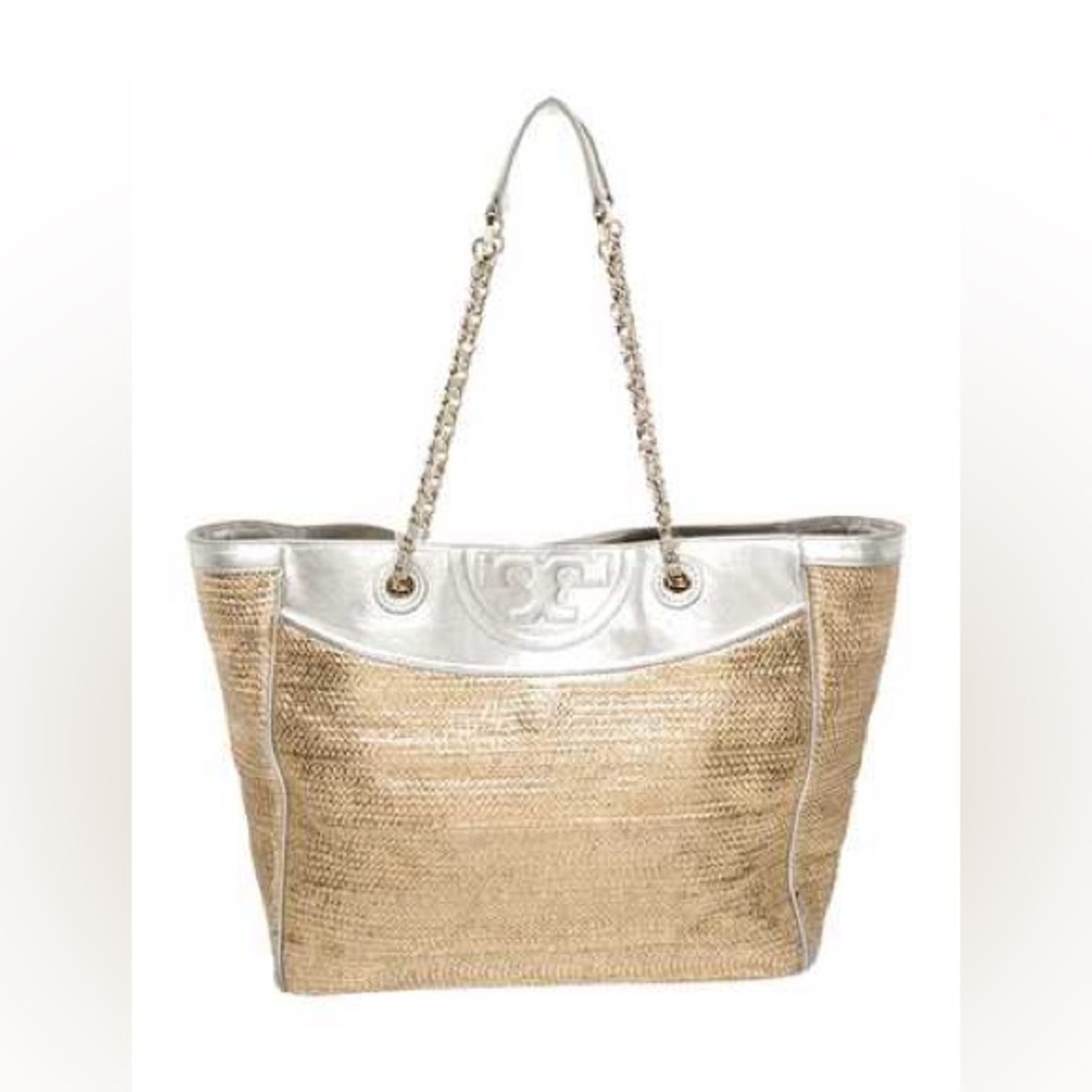Tory Burch Fleming Raffia Metallic tote bag